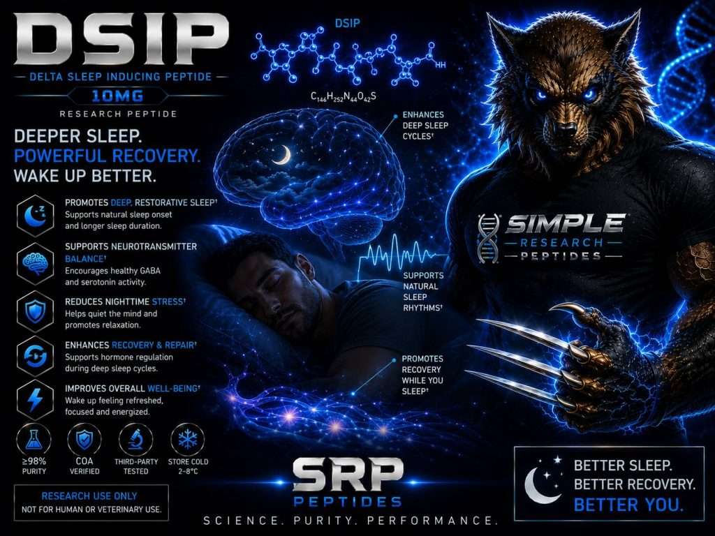 DSIP 10 mg research peptide educational graphic with a molecular diagram, sleeping figure, and wolf mascot