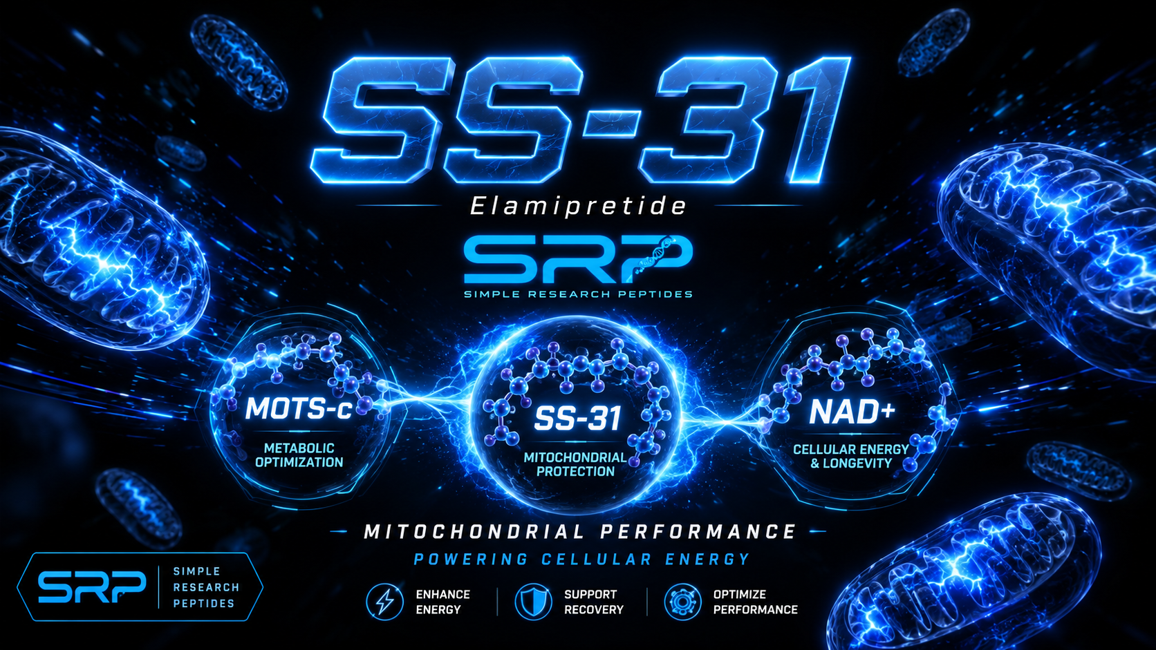SS-31, MOTS-C, and NAD+ mitochondrial research graphic