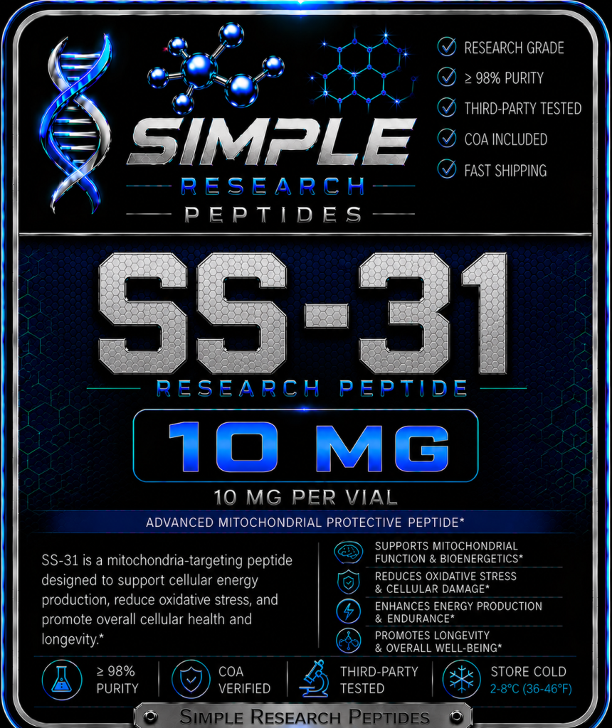 SS-31 elamipretide research compound artwork in the SRP electric-blue laboratory style