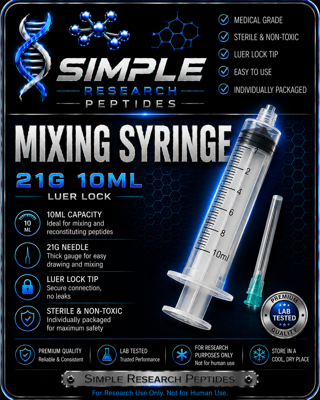 Research Mixing Syringe 10 mL – 21G x 1½" – Sterile Disposable 1 Pack