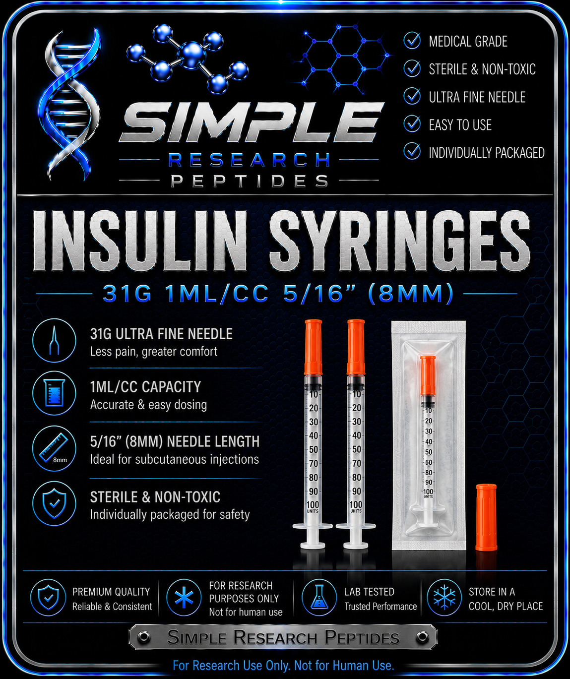 1 mL 31G sterile research syringe product graphic