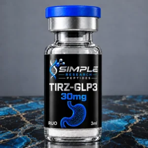 TIRZ-GLP3 30mg research vial with blue cap, glossy black SRP label and blue stomach graphic on blue and gold marble