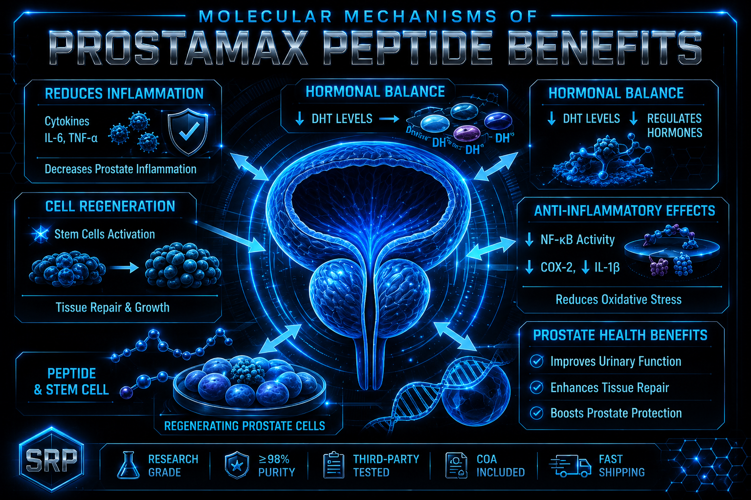 Prostamax research graphic: molecular mechanisms of Prostamax peptide benefits