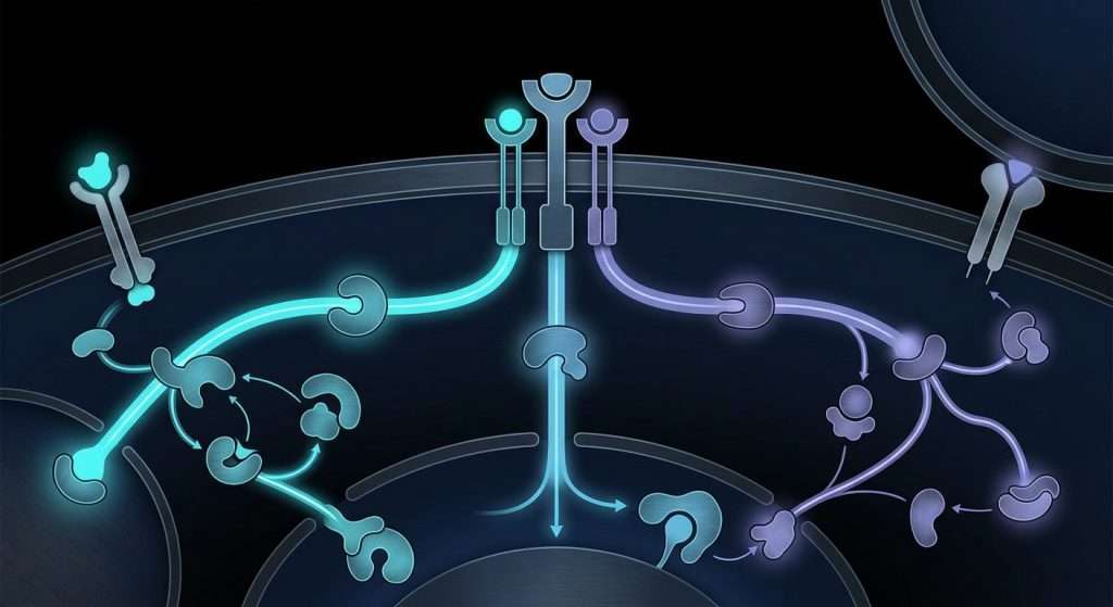 Electric-blue scientific illustration of retatrutide triple-receptor signaling research