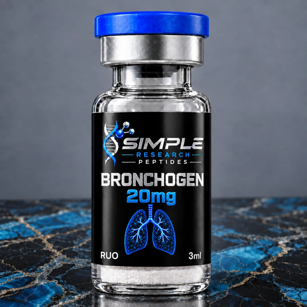Bronchogen 20mg SRP research vial with blue cap and lung graphic on blue marble
