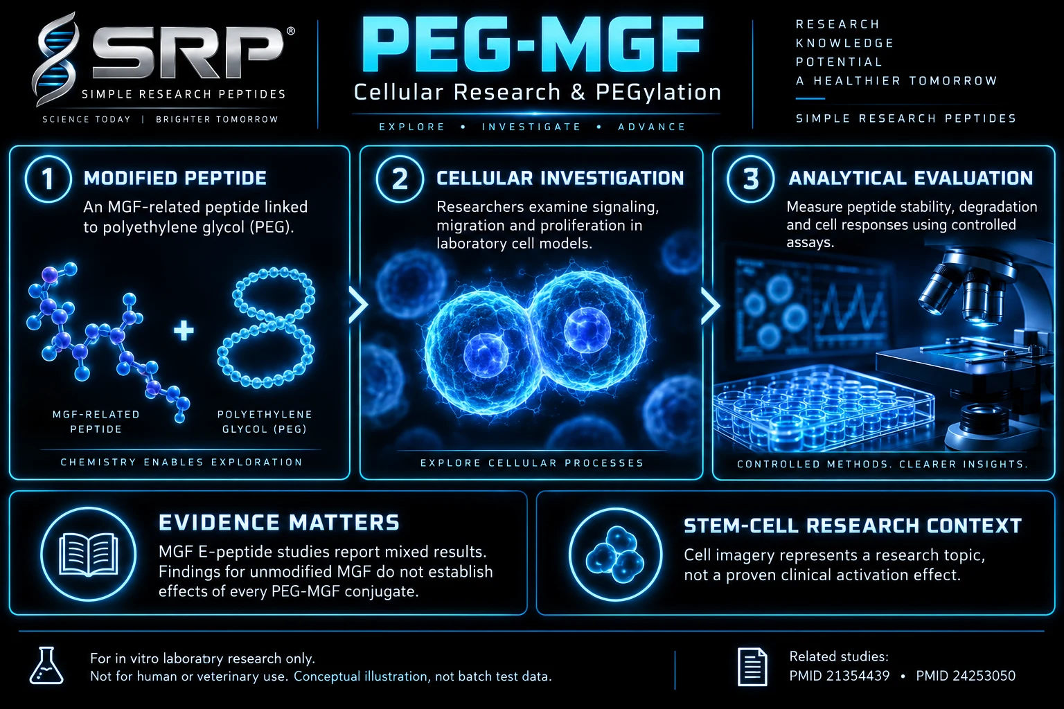 PEG-MGF cellular research and PEGylation conceptual chart, with evidence limits for stem-cell activation research