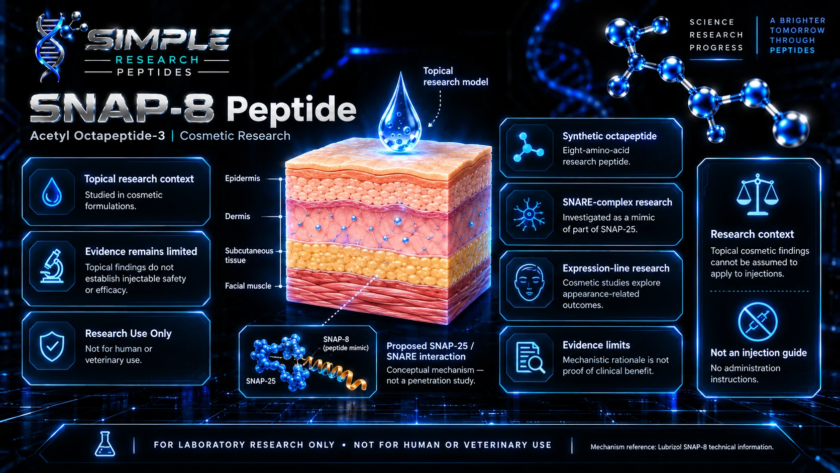 SRP SNAP-8 Acetyl Octapeptide-3 educational chart showing skin anatomy, proposed SNAP-25 and SNARE interaction, and evidence limitations
