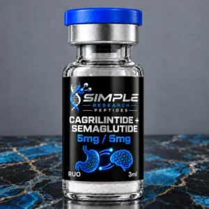 SRP Cagrilintide Semaglutide 5mg 5mg vial with blue cap, metallic label and matching blue research graphic on marble
