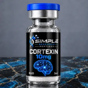 SRP Cortexin 10mg single vial with blue cap, metallic label and matching blue research graphic on marble