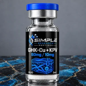 SRP GHK-Cu KPV 50mg 10mg vial with blue cap, metallic label and matching blue research graphic on marble