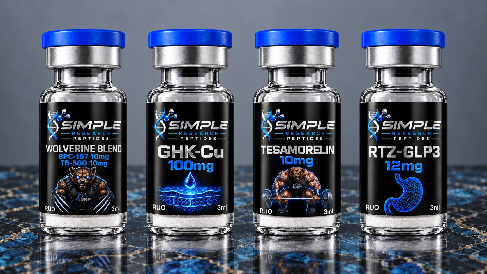 SRP Wolverine Blend, GHK-Cu, Tesamorelin, and RTZ-GLP3 research vials