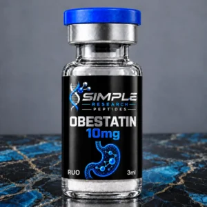 SRP Obestatin 10mg vial with blue cap, metallic label and matching blue research graphic on marble