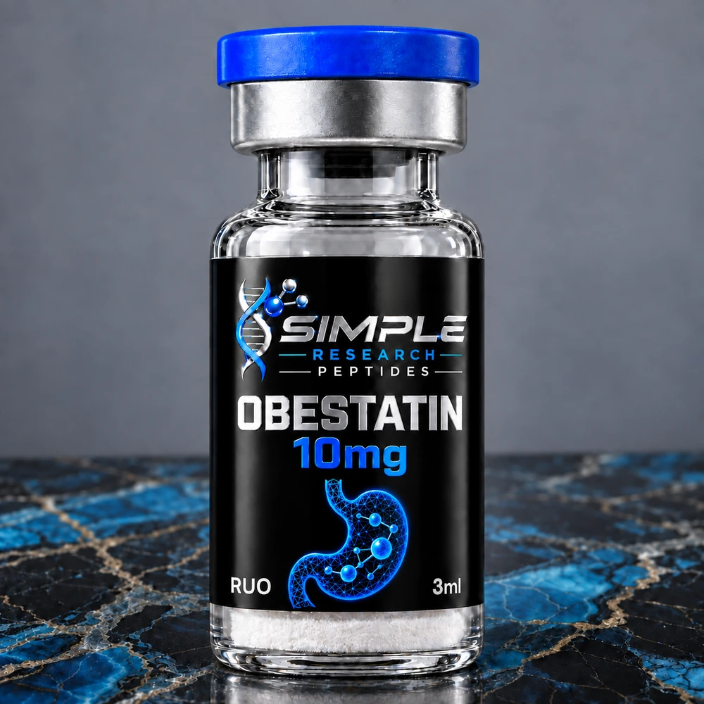 SRP Obestatin 10mg vial with blue cap, metallic label and matching blue research graphic on marble