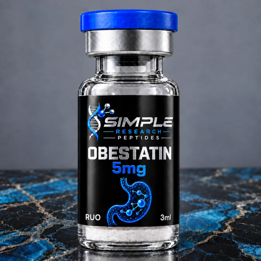 SRP Obestatin 5mg vial with blue cap, metallic label and matching blue research graphic on marble