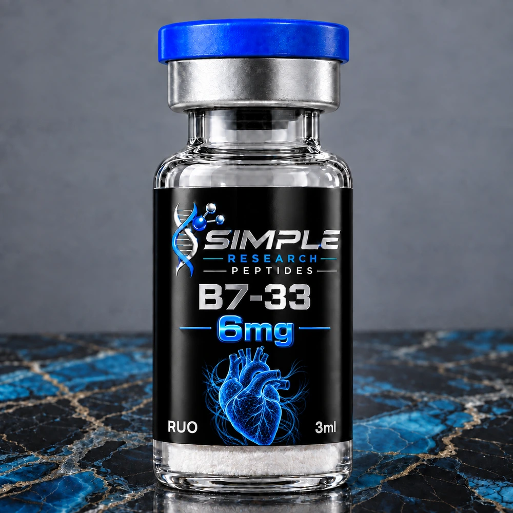 SRP b7-33-6mg research vial with blue cap, metallic vinyl label and blue marble surface