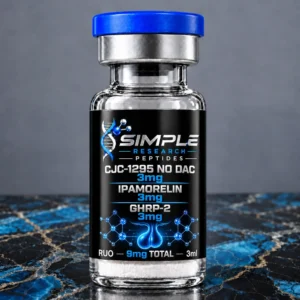 SRP CJC-1295 (No DAC) + Ipamorelin + GHRP-2 Blend 3mg/3mg/3mg vial on blue and black marble