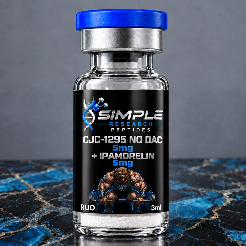 SRP CJC-1295 (No DAC) + Ipamorelin Blend 5mg/5mg vial on blue and black marble