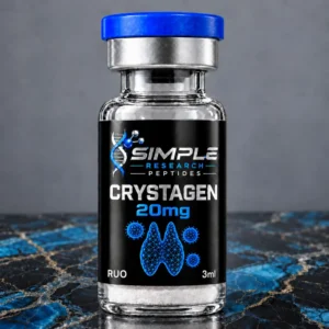 Simple Research Peptides crystagen 20mg vial with blue cap on blue and black marble
