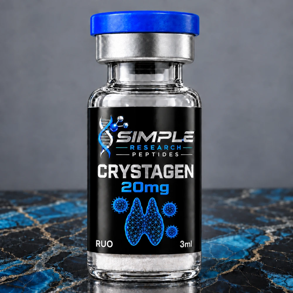 Simple Research Peptides crystagen 20mg vial with blue cap on blue and black marble