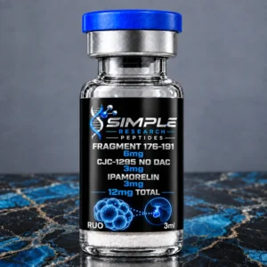 SRP Fragment 176-191 + CJC-1295 (No DAC) + Ipamorelin Blend 6mg/3mg/3mg vial on blue and black marble