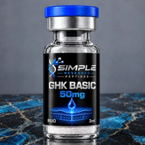 Simple Research Peptides ghk basic 50mg vial with blue cap on blue and black marble