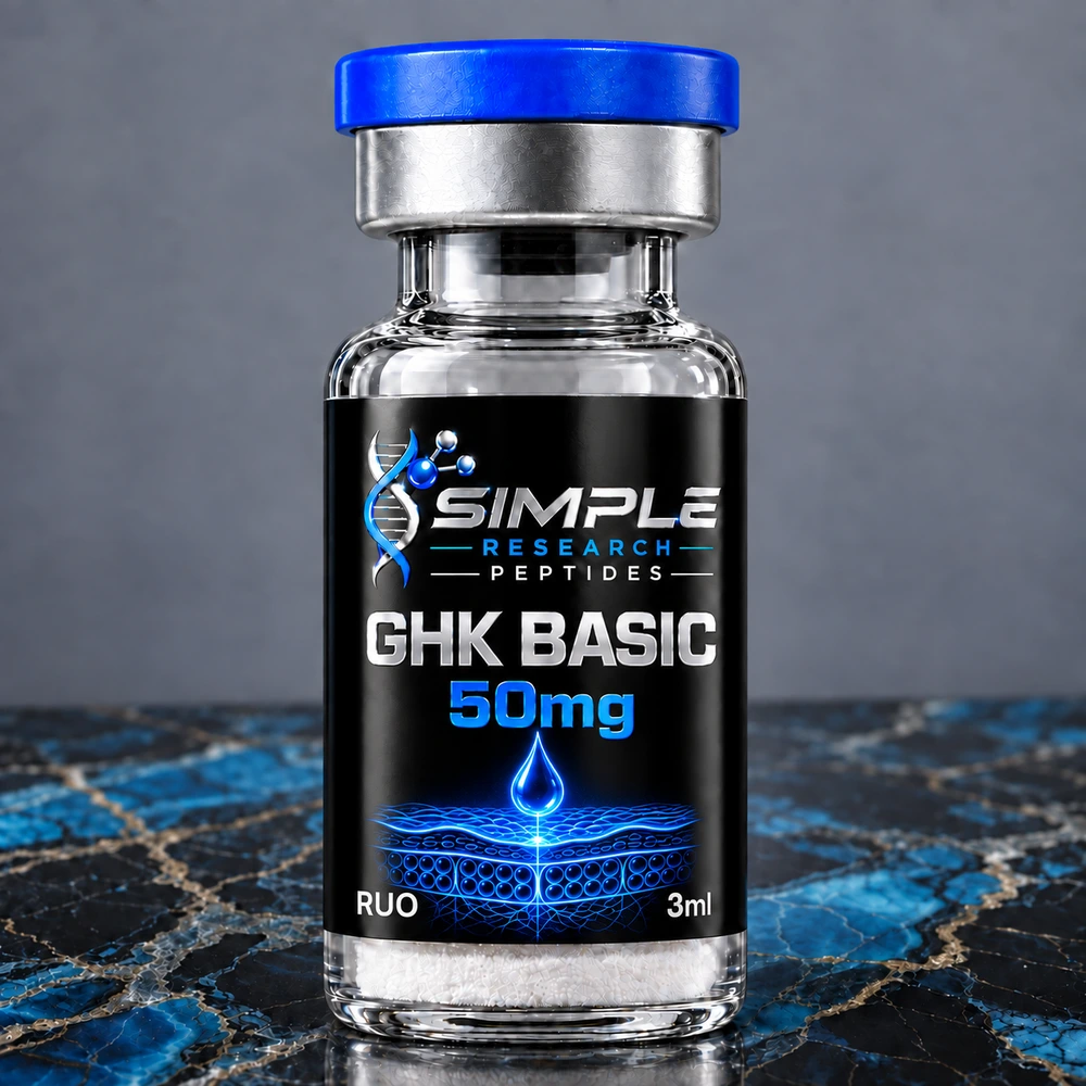 Simple Research Peptides ghk basic 50mg vial with blue cap on blue and black marble