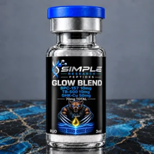 SRP GLOW Blend — BPC-157 + TB-500 + GHK-Cu 10mg/10mg/50mg vial on blue and black marble