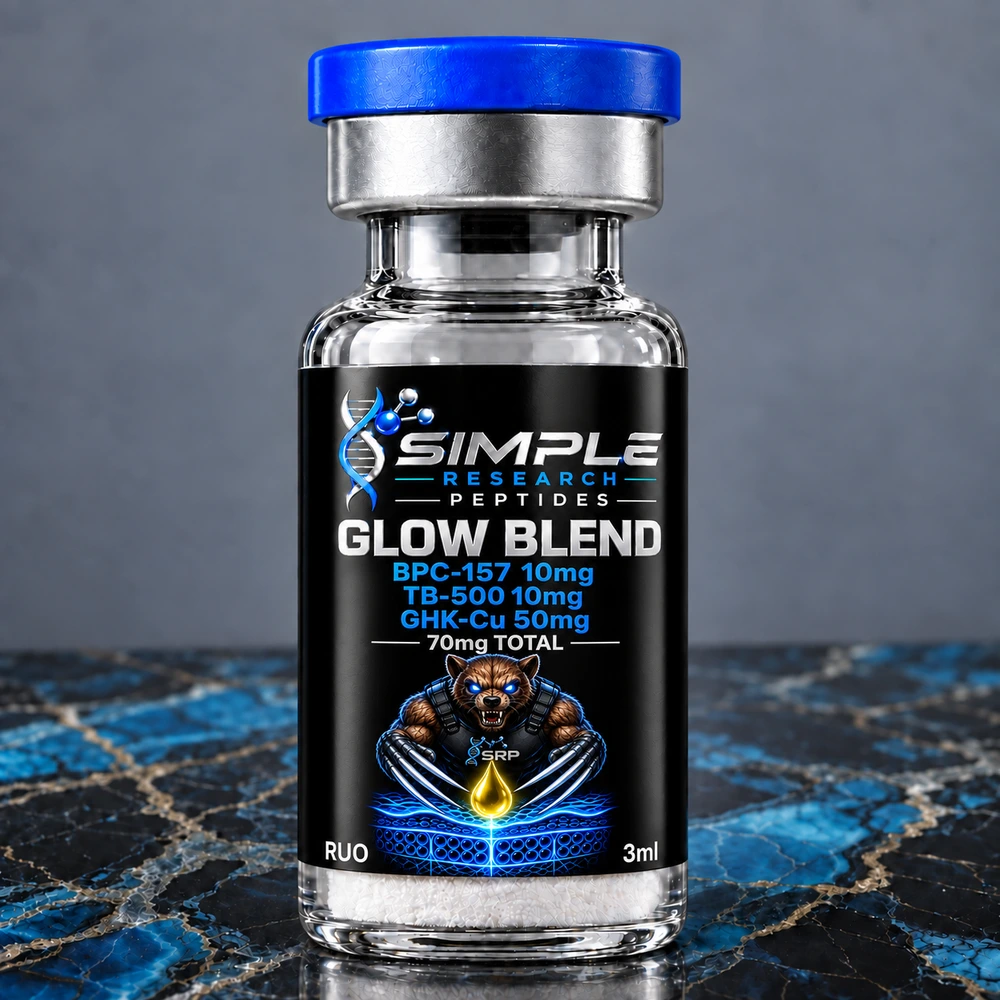 SRP GLOW Blend — BPC-157 + TB-500 + GHK-Cu 10mg/10mg/50mg vial on blue and black marble