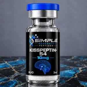 SRP kisspeptin54 10 research vial with blue cap and metallic label on blue marble