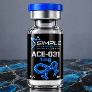 ACE-031 (1mg) - SRP blue-cap vial on blue and gold marble