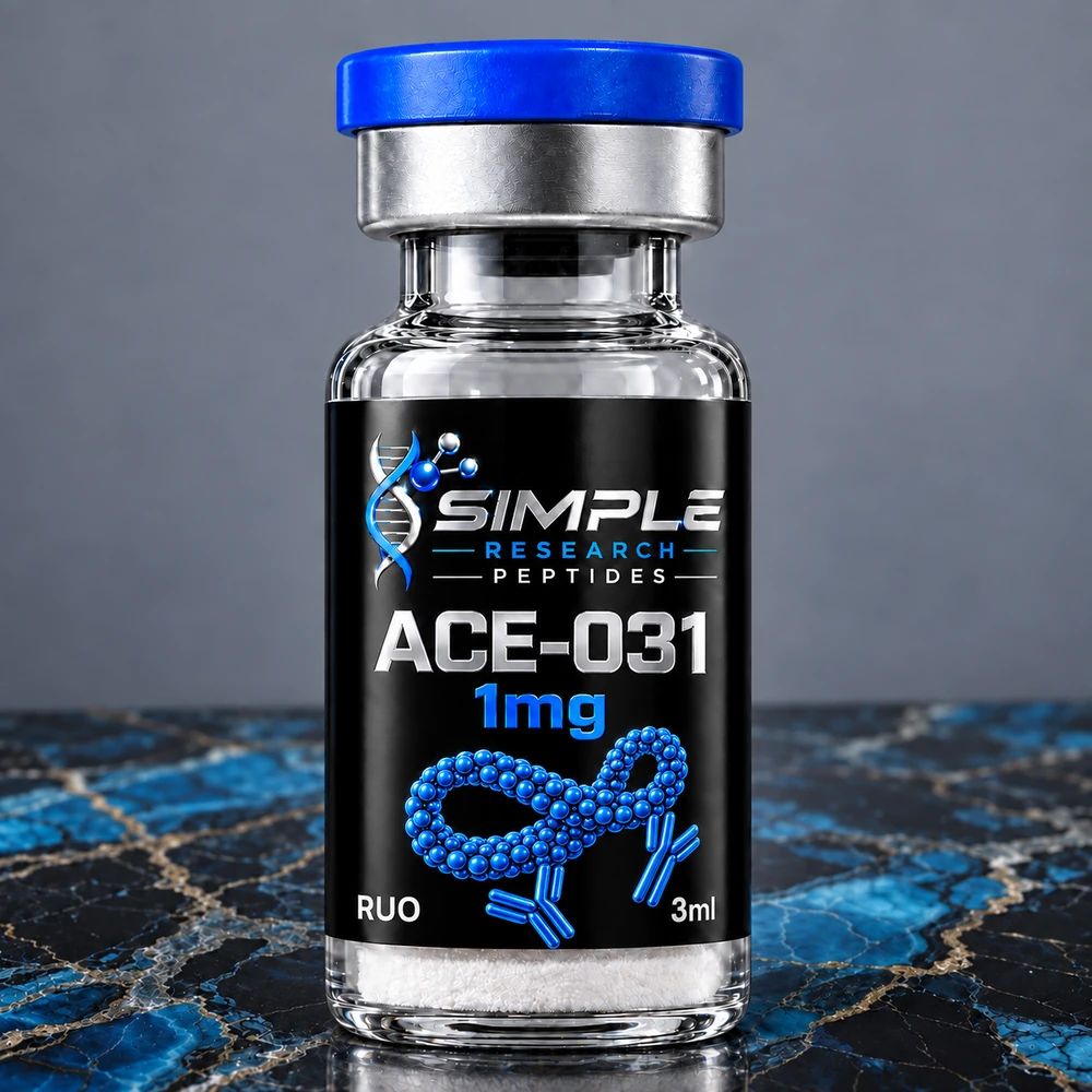ACE-031 (1mg) - SRP blue-cap vial on blue and gold marble