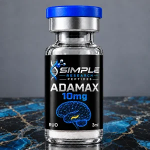 Adamax 10 mg Research Compound Vial - SRP blue-cap vial on blue and gold marble