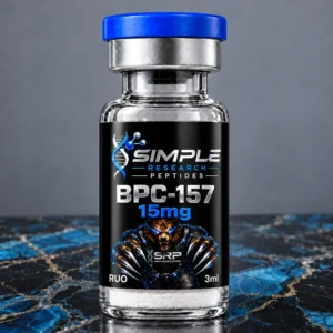 BPC-157 (15 mg Vial) - SRP blue-cap vial on blue and gold marble