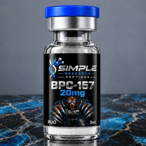 BPC-157 (20 mg Vial) - SRP blue-cap vial on blue and gold marble