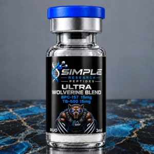 BPC-157 + TB-500 15/15 mg - SRP blue-cap vial on blue and gold marble