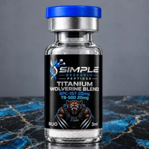 BPC-157 + TB-500 20/20mg Blend Titanium Edition - SRP blue-cap vial on blue and gold marble