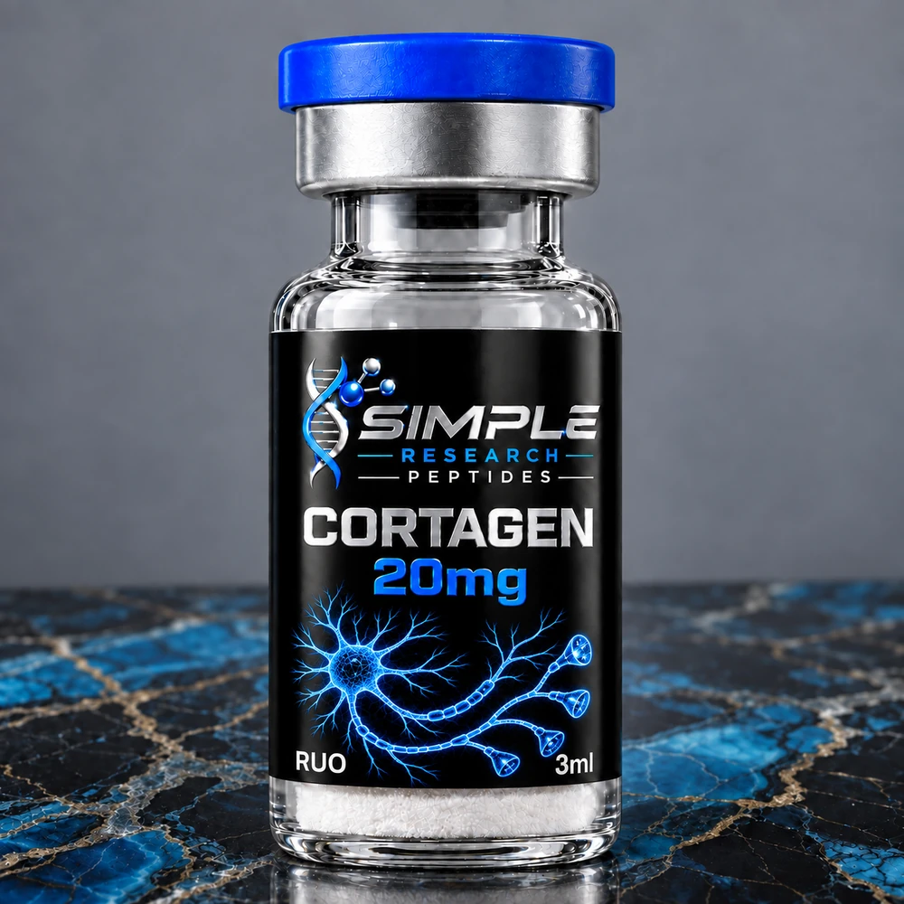 Cortagen 20mg - SRP blue-cap vial on blue and gold marble