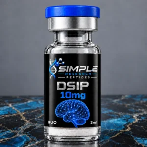 DSIP 10 mg Sleep Research Peptide Vial - SRP blue-cap vial on blue and gold marble