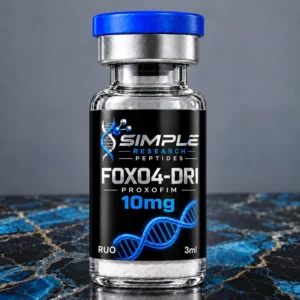 FOXO4-DRI Proxofim (10mg) - SRP blue-cap vial on blue and gold marble