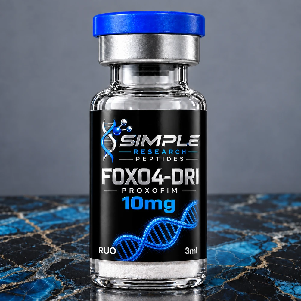 FOXO4-DRI Proxofim (10mg) - SRP blue-cap vial on blue and gold marble
