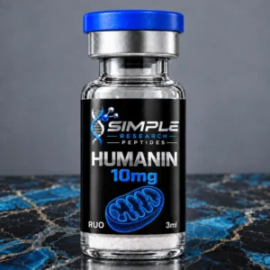 Humanin 10 mg Vial - SRP blue-cap vial on blue and gold marble