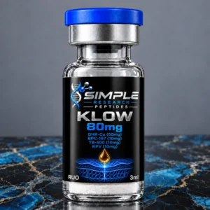 KLOW 80mg Research Blend - SRP blue-cap vial on blue and gold marble