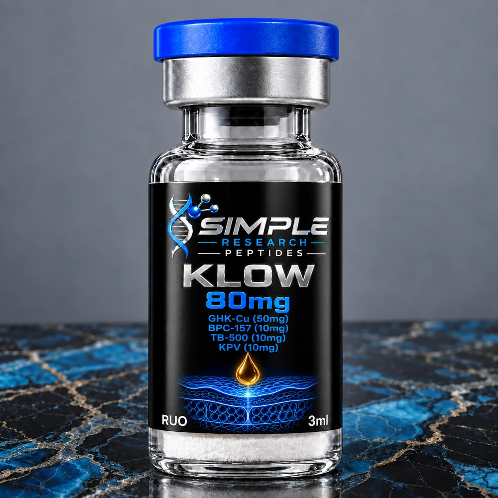 KLOW 80mg Research Blend - SRP blue-cap vial on blue and gold marble