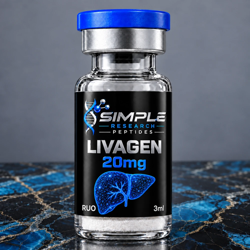 Livagen 20 mg Research Peptide Vial - SRP blue-cap vial on blue and gold marble