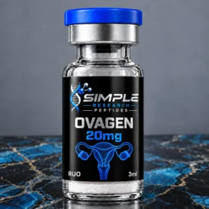 Ovagen 20 mg Research Peptide Vial - SRP blue-cap vial on blue and gold marble