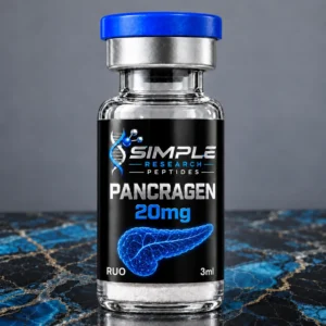 Pancragen 20 mg Research Peptide Vial - SRP blue-cap vial on blue and gold marble