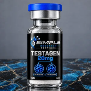 Testagen 20 mg Peptide Bioregulator - SRP blue-cap vial on blue and gold marble