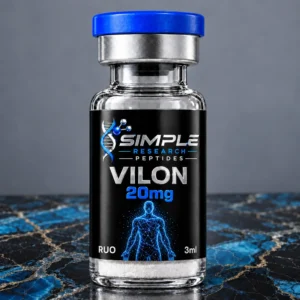 Vilon 20 mg Peptide Bioregulator - SRP blue-cap vial on blue and gold marble