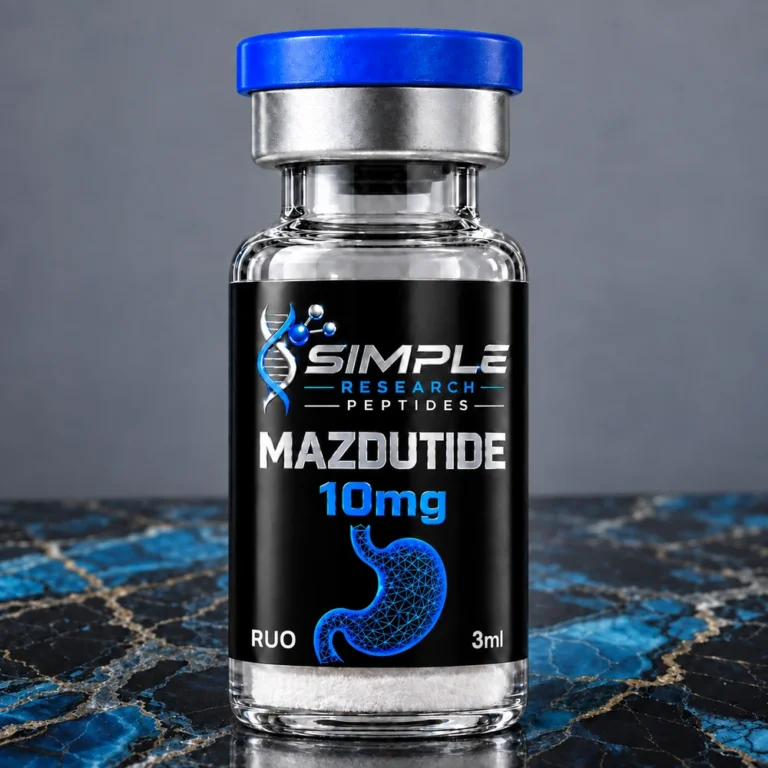 Simple Research Peptides Mazdutide 10 mg Vial with blue cap on blue and black marble