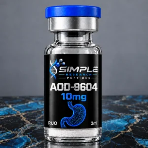 Simple Research Peptides AOD-9604 (10 mg Vial) with blue cap on blue and black marble